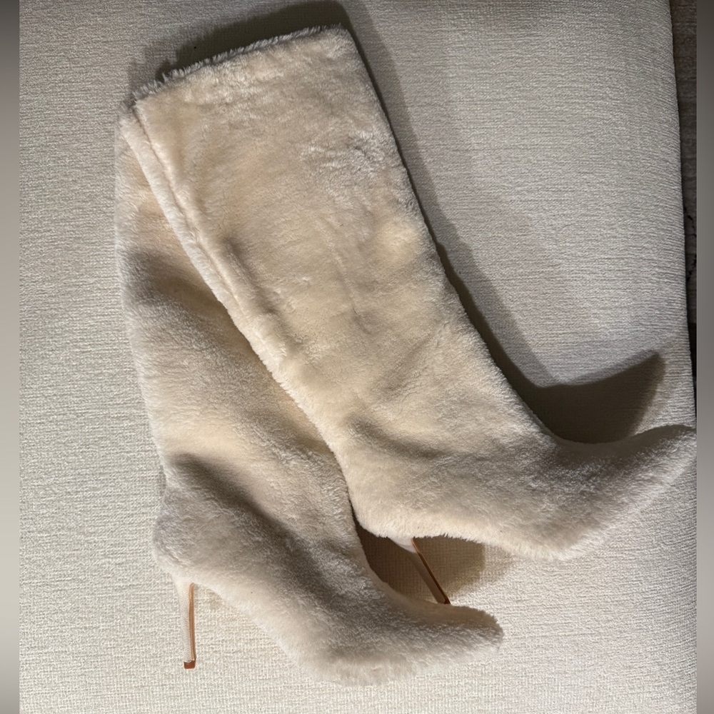 PLT Cream Faux Shearling Point Toe Knee High Heeled Boots